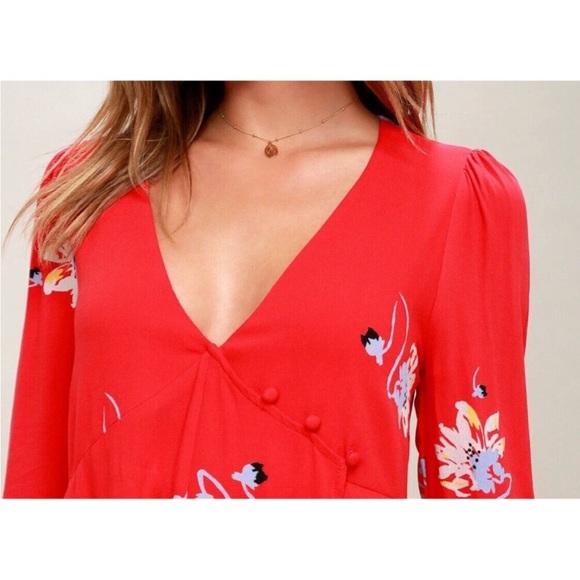 Free People Medium On My Side Floral Red V-Neck Wrap Dress - Picture 4 of 16